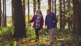 Mature couple walking through fall or winter countryside using hiking poles - shot in slow motion - Powered by Shutterstock - Get 15% off with code: PIKWIZARD15