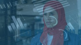 Animation of statistics and data processing over woman in red hijab. global data processing and digital interface concept digitally generated video. - Powered by Shutterstock - Get 15% off with code: PIKWIZARD15