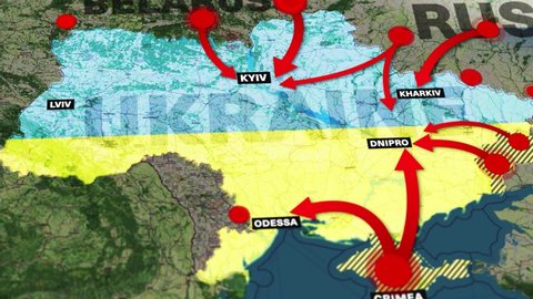 Animated map of the concentration of Russian troops on the border with Ukraine as of February 21, 2022.
Animated directions of possible troop attack. Zoom out effect.