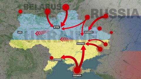 Animated map of the concentration of Russian troops on the border with Ukraine as of February 21, 2022.
Animated directions of possible troop attack. Zoom out effect.
