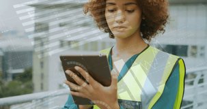 Animation of statistics processing over female architect using tablet at construction site. business, development and productivity concept digitally generated video.