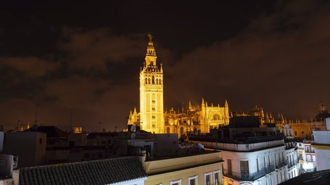 Seville Cathedral(Cathedral Of Saint Mary) 4k night timelapse from the top of a roof.