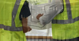 Animation of statistics processing over male and female architect holding plans at construction site. business, development and productivity concept digitally generated video.