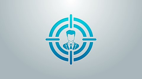 Blue line Head hunting icon isolated on grey background. Business target or Employment sign. Human resource and recruitment for business. 4K Video motion graphic animation.