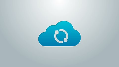 Blue line Cloud sync refresh icon isolated on grey background. Cloud and arrows. 4K Video motion graphic animation.