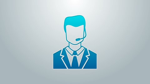 Blue line Man with a headset icon isolated on grey background. Support operator in touch. Concept for call center, client support service. 4K Video motion graphic animation.