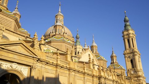 Zaragoza Basilica del Pilar cathedral with tower details on a sunny day, in Spain