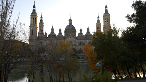 Zaragoza Basilica del Pilar cathedral with Ebro river on a sunny day in Spain