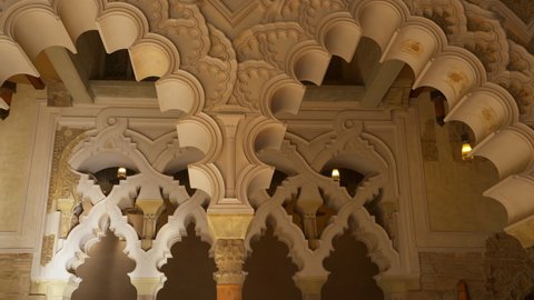 Zaragoza, Spain - November 30, 2019: Zaragoza Aljaferia fortified medieval islamic palace interior details, in Spain