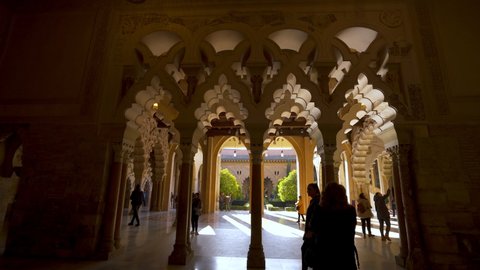 Zaragoza, Spain - November 30, 2019: Zaragoza Aljaferia fortified medieval islamic palace interior details, in Spain