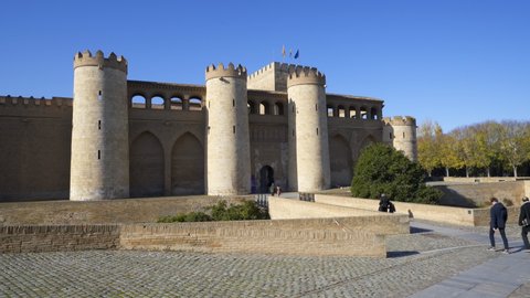 Zaragoza, Spain - November 30, 2019: Zaragoza Aljaferia fortified medieval islamic palace building exterior, in Spain