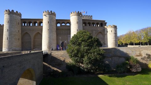 Zaragoza, Spain - November 30, 2019: Zaragoza Aljaferia fortified medieval islamic palace building exterior, in Spain