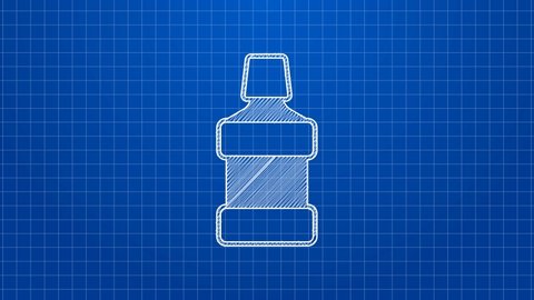 White line Mouthwash plastic bottle icon isolated on blue background. Liquid for rinsing mouth. Oralcare equipment. 4K Video motion graphic animation.