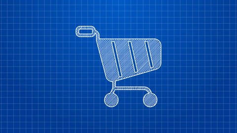 White line Shopping cart icon isolated on blue background. Online buying concept. Delivery service sign. Supermarket basket symbol. 4K Video motion graphic animation.