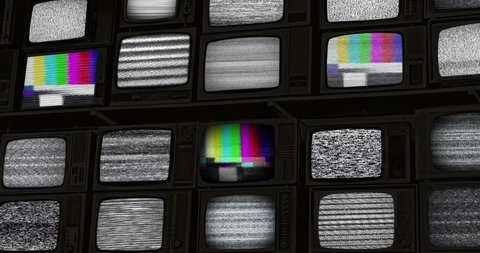 Wall of old retro TV screens, black and white static noise caused by bad signal reception. Distorted television bars signal. Error on the test signal
