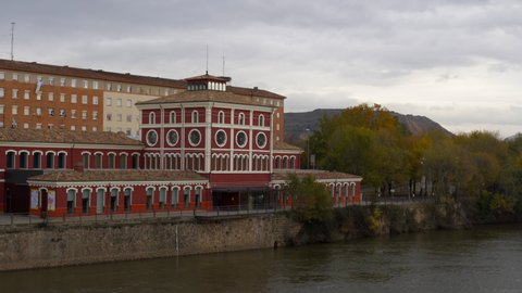 Casa de las Ciencias red iconic building in Logrono, Spain with Ebro river