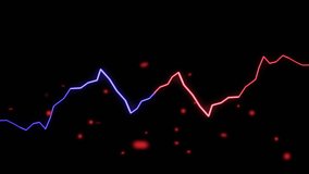 Animation of red particles and moving lights with glowing blue and red electric currents on black. energy, communication and data transfer concept digitally generated video.