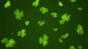 Falling down, floating, flying shamrock leaves animation with dark green background. Saint Patrick’s Day holiday traditional symbol, clover leaves. Celebration festive seamless loop 3D Render 4K clip