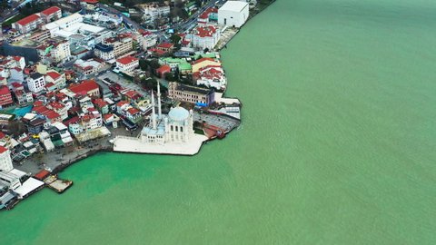 Istanbul, Turkey - January 10 2022: Ortakoy Mosque aerial view. Bosphorus Strait.