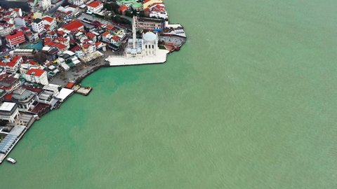 Ortakoy Mosque aerial view. Bosphorus Strait.