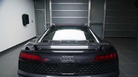 Montreal , Canada - 04 01 2021: Rear Wing Spoiler And Fixed Rear Window With Defroster Of Audi R8 V10 Performance Luxury Sportscar