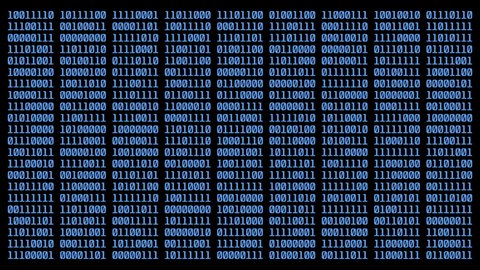 Animated blue binary octet code with zero and one numbers on black background