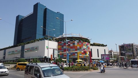 Turkey, Antalya, 21 August-2021. The famous trade center Mark Antalya. The exterior of the facade and the flow of people rushing to shopping.