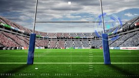 Animation of scanner and processing data over rugby goalposts on pitch at stadium. sport, competition, global communication and data technology concept digitally generated video.