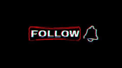 Follow us. Text message reminder Follow with a ringing bell isolated on black background. Glitch vfx, seamless loop animation.