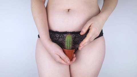 The girl holds a cactus in front of her pubis. Symbol of stubble and problems with home depilation. Razor near excess hair. Body positivity and body hair problems.