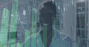 Animation of financial data processing over happy african american businesswoman. business, digital interface and data processing concept digitally generated video.