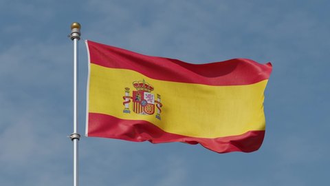 Spain flag waving in the wind with high-quality texture in 4K UHD National Flag. Realistic Animation of The flag of Spanish with moving clouds blue sky background. Red with yellow Spain Flag.