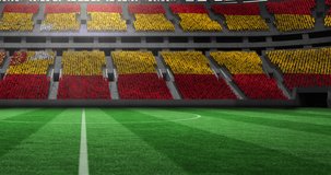 Animation of gold confetti falling over flag of spain in sports stadium. competition, sports and competition concept digitally generated video.