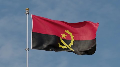 Waving flag of Angola with clear blue sky background. Angola Flag Waving Slow Motion 3D Rendering Blue Sky Background - Seamless Loop 4K. Looped animation.