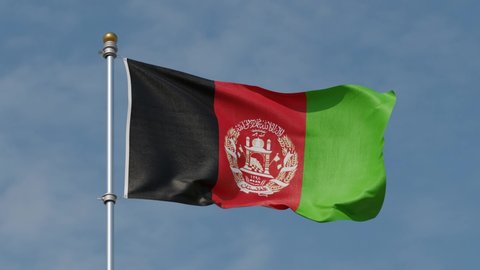 Waving flag of Afghanistan with chrome flag pole in high cloudy sky in the wind. High resolution flag with clarity natural background, 3D illustration. flag pole with blue background
