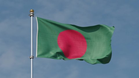 Waving flag of Bangladesh with clear blue sky background. High resolution flag with clarity natural background, 3D illustration. Sign of Bangladesh seamless loop animation. Looped animation.