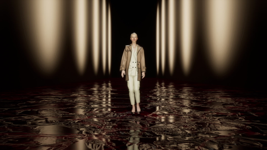 3D fashion show. Female realistic meta model, virtual avatar, walking by the podum. Trendy fashion pret-a-porte in golden colors. High quality FullHD footage Royalty-Free Stock Footage #1087422554