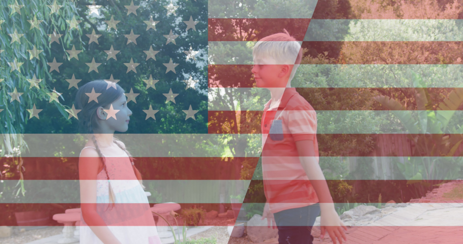 Animation of 4th of july text and flag of usa over caucasian boy and girl embracing. patriotism and celebration concept digitally generated video.