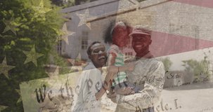 Animation of flag of usa and text over african american family. patriotism and celebration concept digitally generated video.