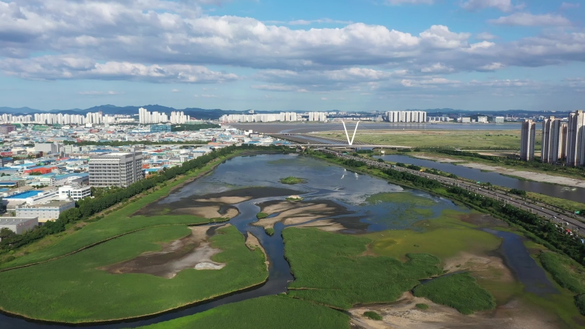 An aerial view of a drainage canal in Dongkongdan Industrial Estate, Incheon City in spring. South Korea