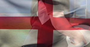 Animation of flag of england and confetti over caucasian male rugby player with ball at stadium. sport and social media concept digitally generated video.