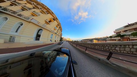 Streets of Monte Carlo. Super wide angle. Video distortion. Panorama. Small sphere. Blue sky with white clouds. Time interval. France. Fashion. tourism. Monet Carlo February 2022 