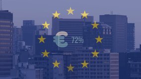 Animation of euro symbol with rising percentage and flag of european union, over modern cityscape. european union, politics, business and economy concept digitally generated video. - Powered by Shutterstock - Get 15% off with code: PIKWIZARD15