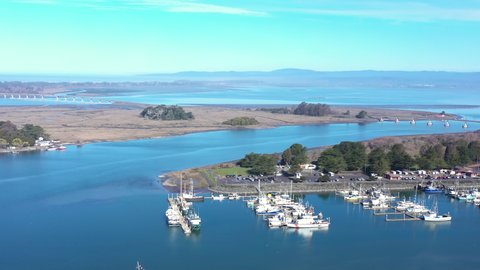 Port City Eureka California, Humboldt Bay and marina seen from drone.