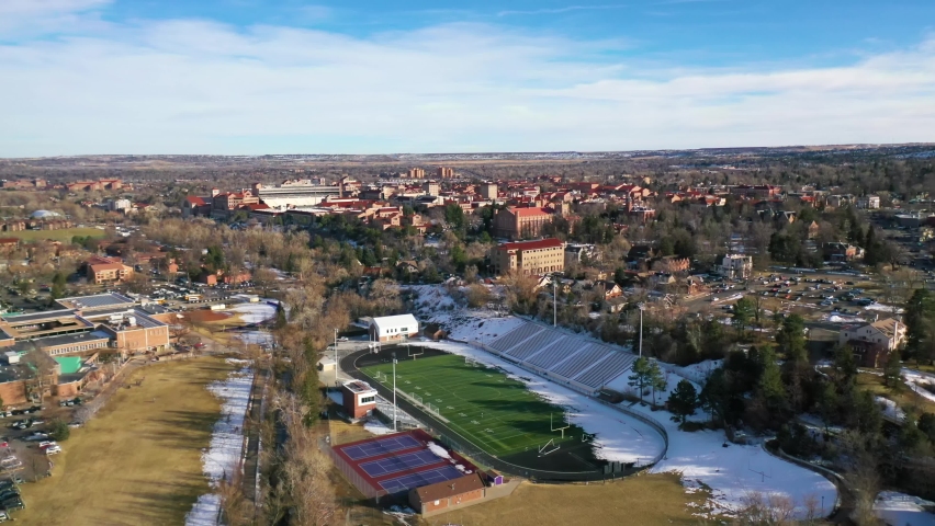 COLORADO - CIRCA 2022 - aerial over the University of Colorado Boulder campus in winter.
