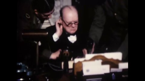 CIRCA 1945 - Winston Churchill records a radio broadcast.