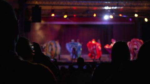 People watching show in musical theatre, viewed from behind, some recording video with phones, blurred dancers on stage in colorful costumes dancing cancan in slow motion