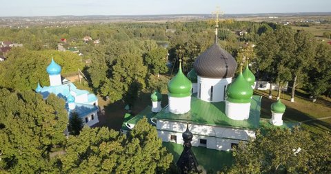 4K aerial drone video of beautiful Fedorovsky Monastery on sunny day in Pereslavl-Zalessky - a small medieval picturesque town in Yaroslavl Region, Russia
