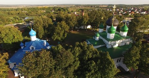 4K aerial drone video of beautiful Fedorovsky Monastery on sunny day in Pereslavl-Zalessky - a small medieval picturesque town in Yaroslavl Region, Russia
