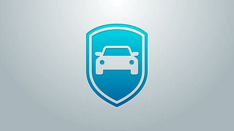 Blue line Car protection or insurance icon isolated on grey background. Protect car guard shield. Safety badge vehicle icon. Security auto label. 4K Video motion graphic animation.